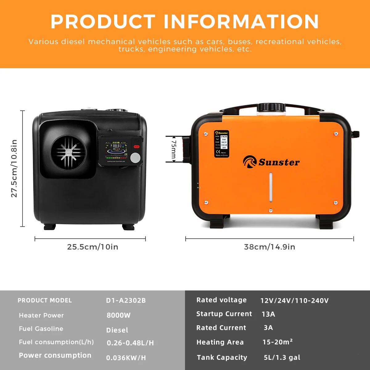 Sunster A2302BP Diesel Heater 8KW 12/24V 110-240V, All In One Bluetooth Version - Image 4