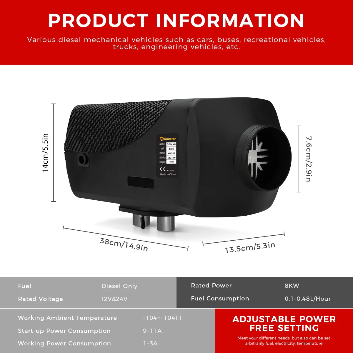 Sunster A2302BS Diesel Heater 8KW 12/24V, Traditional Bluetooth Version - Image 7