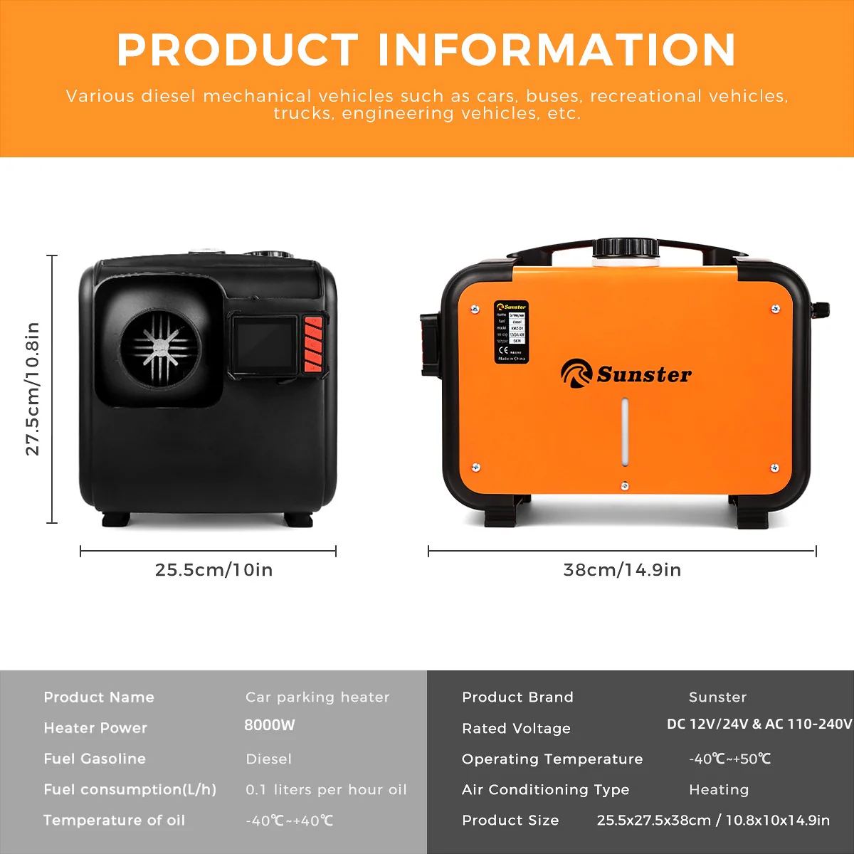Sunster A2309H Diesel Heater 8KW 12/24V 110-240V, All In One Bluetooth Version - Image 3