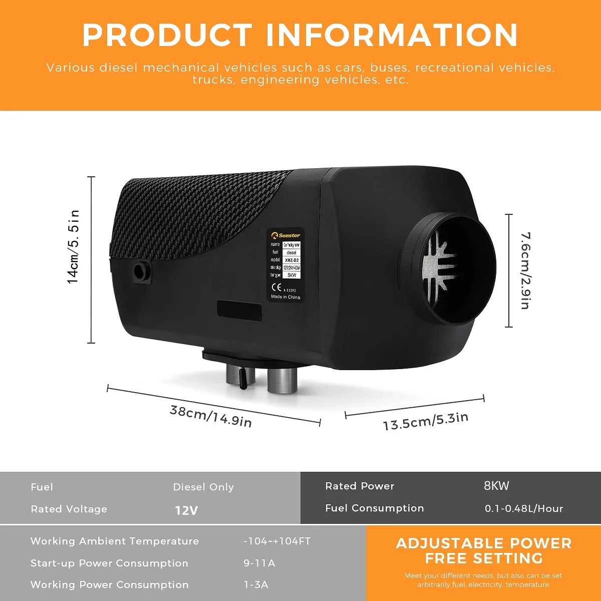 Sunster A2017S Diesel Heater 8KW 12V, Traditional Classic Version - Image 3